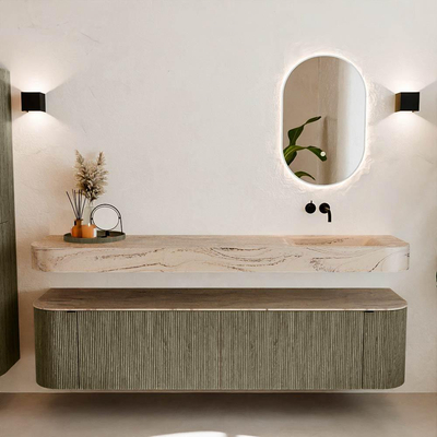 MONDIAZ THOR-DLUX 190cm meuble de salle de bains arrondi gauche + droite couleur Shadow avec 2 tiroirs et 2 portes. Vasque suspendue CLOUD droite sans trou de robinet couleur Arena.