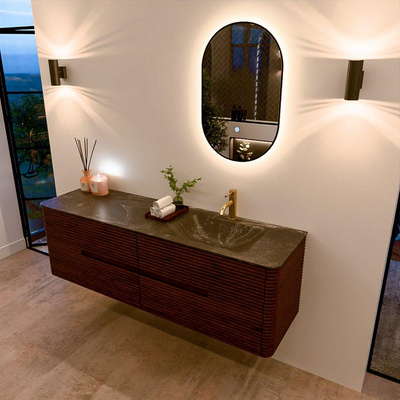 Mondiaz CIRO-DLUX Badkamermeubelset - 160x45x50cm - Solid surface wastafel Lava - 1 wasbak Rechts - 1 kraangat - 4 lades - Ruby