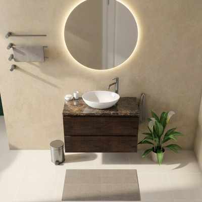 Saniclass Holz Atelier Ensemble de meubles de salle de bains - 100x45x63cm - Plan de toilette en pierre naturelle Noche dark emperador - 1 trou de robinet - 2 tiroirs - chêne charcoal mat (bois)