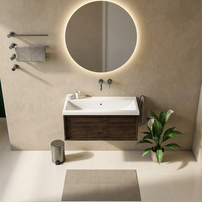Saniclass Holz Frame Ensemble meuble de salle de bains - 100x45x43.5cm - Bari lavabo en céramique blanc - 1 vasque - sans trou de robinet - 1 tiroir - chêne charcoal mat (bois)