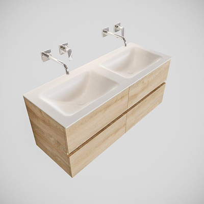 MONDIAZ VICA Ensemble de meuble salle de bain - 120cm - 4 tiroirs - lavabo Cloud double - 0 trous de robinet - solid surface chêne blanchi