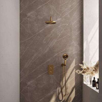 Brauer Gold Edition Ensemble de douche pluie encastré - douche principale 20cm - bouton lisse - douchette ronde 3 positions - PVD - or brossé -