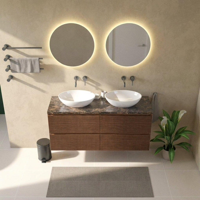 Saniclass Holz Atelier Ensemble de meubles de salle de bains - 140x45x63cm - Plan de toilette en pierre naturelle Noche dark emperador - sans trou de robinet - 4 tiroirs - noyer pure mat (bois)