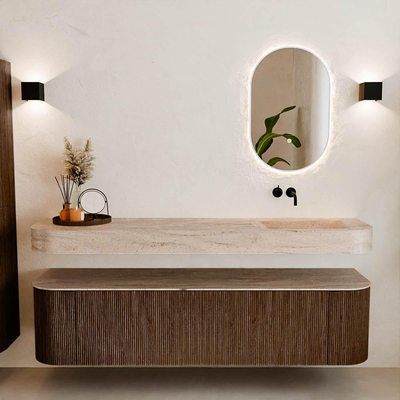 MONDIAZ THOR-DLUX 180cm meuble de salle de bains arrondi gauche + droite couleur Walnut avec 2 tiroirs et 2 portes. Vasque suspendue CLOUD droite sans trou de robinet couleur Saba.