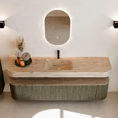 MONDIAZ THOR-DLUX Meuble de salle de bains 190cm arrondi gauche + droite couleur Shadow avec 2 tiroirs et 2 portes. Vasque suspendue CLOUD Milieu 1 trou de robinet couleur Arena.