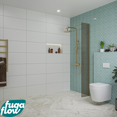 FugaFlow Eccelente Vetro inloopdouche badkamer - 30x200cm - rookglas - wandarm - geborsteld messing