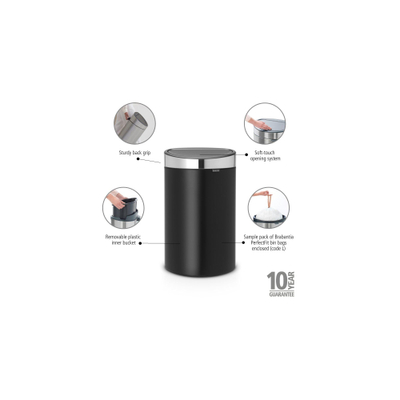 Brabantia Touch Bin Afvalemmer - 40 liter - kunststof binnenemmer - matt black - matt steel fingerprint proof