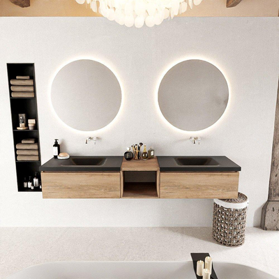 MONDIAZ BUKLA 200cm meuble de salle de bain avec module ouvert 40 couleur Chêne blanchi avec 2 tiroirs. Lavabo CLOUD double 0 trou de robinet couleur Urbain.