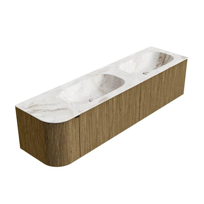 Mondiaz KURVE-DLUX Ensemble de meuble de salle de bains - 175x46x40cm - 2 tiroirs - 1 porte - vasque solid surface - double / droite - sans trou de robinet - Dusk