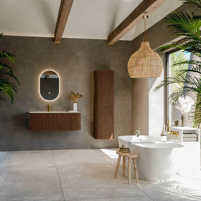 MONDIAZ KURVE-DLUX Meuble de salle de bains 115 cm avec module 25 R couleur Walnut avec 1 tiroir et 1 porte. Lavabo BIG SMALL gauche 1 trou de robinet couleur Glace.