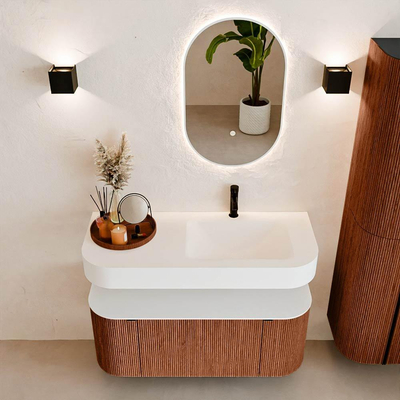 MONDIAZ THOR Meuble de salle de bains 110cm arrondi gauche + droite couleur Ruby avec 1 tiroir et 2 portes. Vasque suspendue CLOUD Droite 1 trou de robinet couleur Talc.