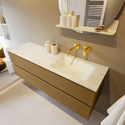 Mondiaz VICA-DLUX ensemble de meuble de salle de bain - 150cm - meuble sous-vasque oro - 2 tiroirs - lavabo encastré cloud droite - sans trous de robinet - version haute de 60cm - opalo