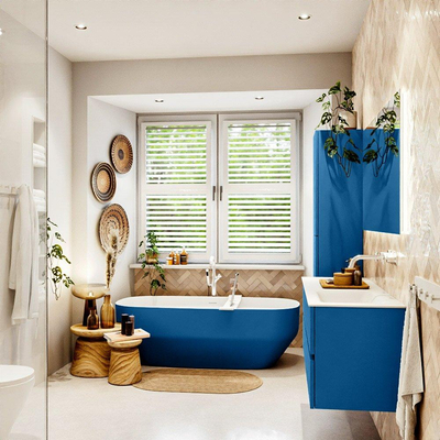 Mondiaz VICA ensemble de meuble de salle de bain - 130cm - meuble sous-vasque jeans - 4 tiroirs - lavabo cloud droite - sans trous de robinet - version haute de 60cm - talc