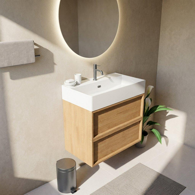 Saniclass Holz Frame Ensemble de meubles de salle de bains - 80x45x72cm - Lavabo Legend en céramique blanc - 1 vasque - 1 trou de robinet - 2 tiroirs - chêne natural mat (bois)