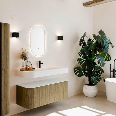 MONDIAZ THOR 120cm meuble de salle de bains arrondi gauche + droite couleur Dusk avec 1 tiroir et 2 portes. Vasque suspendue CLOUD Milieu 1 trou de robinet couleur Talc.