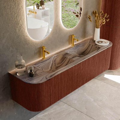 MONDIAZ KURVE-DLUX Meuble de salle de bains 170cm arrondi Gauche + Droite couleur Ruby avec 1 tiroir et 2 portes. Lavabo LEAF Double 2 trous de robinet Sombra.