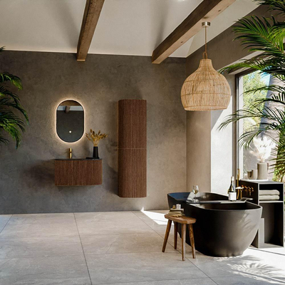 MONDIAZ KURVE-DLUX 75cm Meuble salle de bain avec module 25 D - couleur Walnut - 1 tiroir - 1 porte - vasque GRUNNE gauche - 1 trou de robinet - couleur Lava