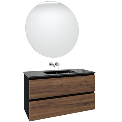 Adema Industrial 2.0 Ensemble de meuble 100x45x55cm avec vasque noire en céramique - sans trou de robinet avec trop-plein et miroir rond éclairé - bois/noir