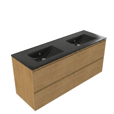Saniclass Holz Pure Ensemble de meubles de salle de bains - 140x45x62cm - Vasque Vygo en céramique noire - 2 vasques - sans trous de robinet - 4 tiroirs - chêne natural mat (bois)