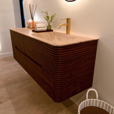 Mondiaz CIRO-DLUX Meuble de salle de bains - 140x45x50cm - Plan vasque solid surface Arena - 1 lavabo à droite - 1 trou de robinetterie - 4 tiroirs - Ruby
