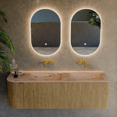 MONDIAZ KURVE-DLUX 145cm badmeubel ronding Links kleur Dusk met 1 lade en 1 deur. Wastafel LEAF Dubbel / Rechts zonder kraangat Arena.