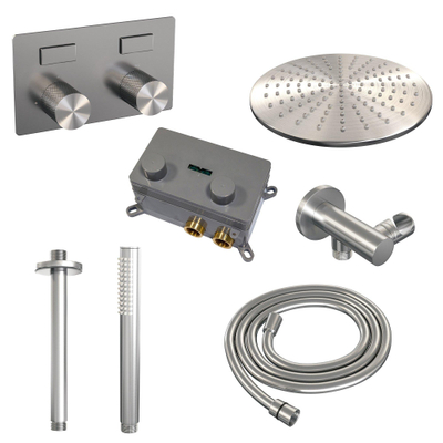 BRAUER Brushed Carving Douche de pluie thermostatique encastrée - boutons-poussoirs - SET 54 - pomme de douche 30cm - bras de plafond - douchette barre - flexible de douche - coude de raccordement mural - inox brossé PVD
