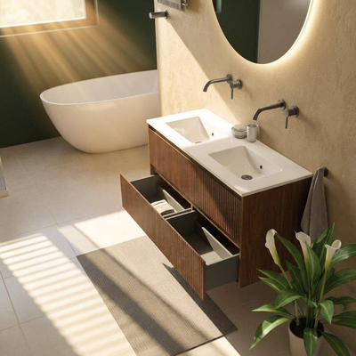 Saniclass Holz Atelier Ensemble meuble de salle de bains - 120x45x62cm - Vasque Vygo en céramique blanche - 2 vasques - sans trous de robinet - 2 tiroirs - noyer pure mat (bois)