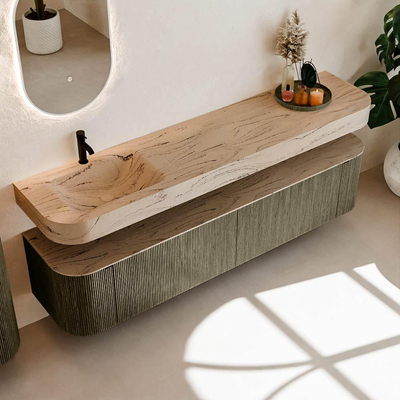 MONDIAZ THOR-DLUX 200cm badmeubel ronding links + rechts kleur Shadow met 2 lades en 2 deuren. Vrijhangende wastafel CLOUD Links 1 kraangat kleur Arena.