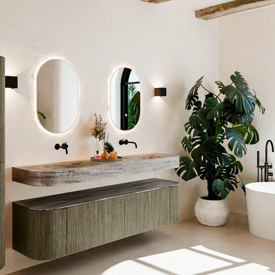 MONDIAZ THOR-DLUX 180cm meuble de salle de bains arrondi gauche + droite couleur Shadow avec 2 tiroirs et 2 portes. Vasque suspendue CLOUD Double sans trou de robinet couleur Oza.