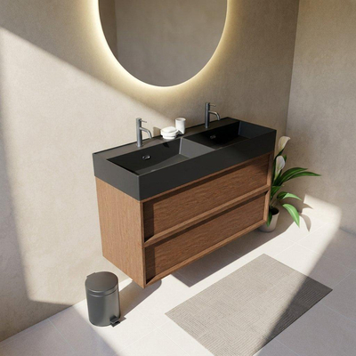 Saniclass Holz Frame Ensemble meuble de salle de bains - 120x45x72cm - Legend lavabo en céramique noir mat - 2 vasques - 2 trous de robinetterie - 2 tiroirs - walnut pure mat (bois)
