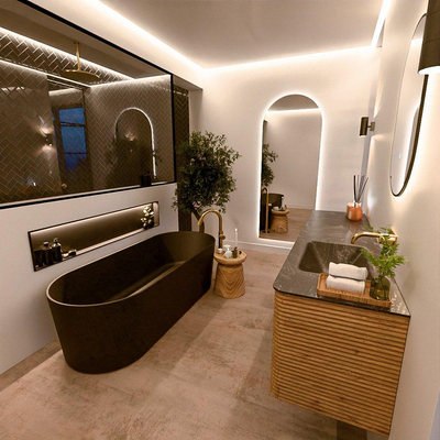 Mondiaz CIRO-DLUX Badkamermeubelset - 180x45x50cm - Solid surface wastafel Lava - 1 wasbak Rechts - zonder kraangaten - 4 lades - Oak