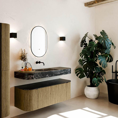 MONDIAZ THOR-DLUX 130cm meuble de salle de bains arrondi gauche + droite couleur Dusk avec 1 tiroir et 2 portes. Vasque suspendue CLOUD Milieu sans trou de robinet couleur Lava.