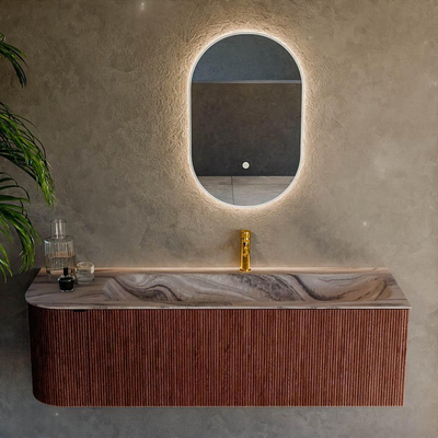 MONDIAZ KURVE-DLUX Meuble de salle de bains 145 cm arrondi à gauche couleur Ruby avec 1 tiroir et 1 porte. Lavabo BIG LARGE à droite 1 trou de robinet Sombra.