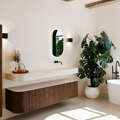 MONDIAZ THOR-DLUX Meuble de salle de bains - 180cm - arrondi gauche + droite - couleur Walnut - 2 tiroirs et 2 portes - Vasque suspendue CLOUD droite sans trou de robinet - couleur Meli