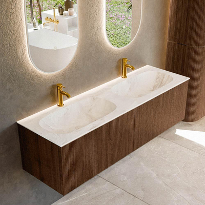 MONDIAZ KURVE-DLUX 150cm badmeubel kleur Walnut met 2 lades. Wastafel STOR SMALL dubbel 2 kraangaten kleur Frappe.