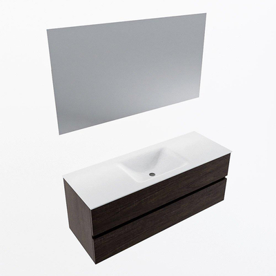 Mondiaz VICA ensemble de meuble de salle de bain - 130cm - meuble sous-vasque marron foncé - 2 tiroirs - lavabo cloud milieu - sans trous de robinet - couleur talc - miroir LED - version XL 60cm de haut