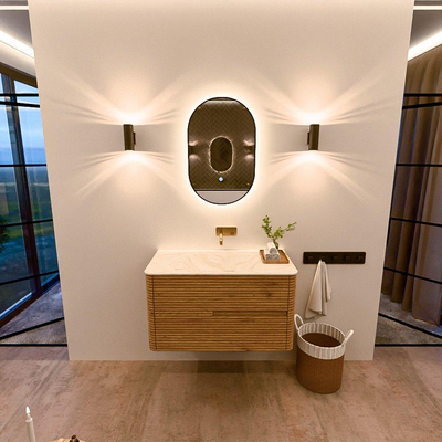 Mondiaz CIRO-DLUX Badkamermeubelset - 90x45x50cm - Solid surface wastafel Ostra - 1 wasbak Midden - zonder kraangaten - 2 lades - Oak