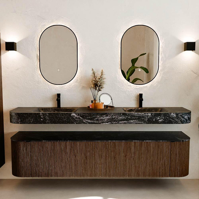 MONDIAZ THOR-DLUX 200cm meuble de salle de bains arrondi gauche + droite couleur Walnut avec 2 tiroirs et 2 portes. Vasque suspendue CLOUD Double 2 trous de robinet couleur Lava.