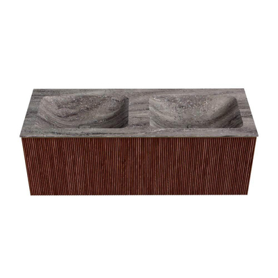 MONDIAZ KURVE-DLUX Meuble de salle de bains 120cm couleur Ruby avec 1 tiroir et 0 porte. Lavabo LEAF Double 2 trous de robinet Oza.