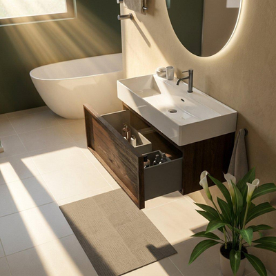 Saniclass Holz Frame Ensemble meuble de salle de bains - 100x45x52cm - Legend lavabo en céramique blanc - 1 vasque - 1 trou de robinetterie - 1 tiroir - chêne charcoal mat (bois)