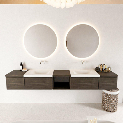 MONDIAZ BUKLA 240cm meuble de salle de bain avec module ouvert 40 au milieu couleur Marron Foncé avec 4 tiroirs. Lavabo CLOUD double 0 trou de robinet couleur Talc.