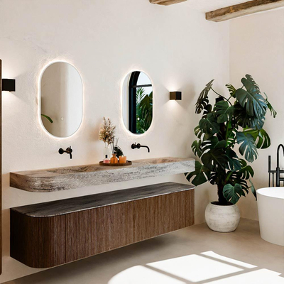 MONDIAZ THOR-DLUX 200cm meuble de salle de bains arrondi gauche + droite couleur Walnut avec 2 tiroirs et 2 portes. Vasque suspendue CLOUD Double sans trou de robinet couleur Oza.