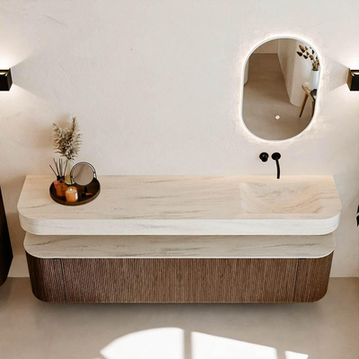 MONDIAZ THOR-DLUX 200cm badmeubel ronding links + rechts kleur Walnut met 2 lades en 2 deuren. Vrijhangende wastafel CLOUD Rechts zonder kraangat kleur Meli.