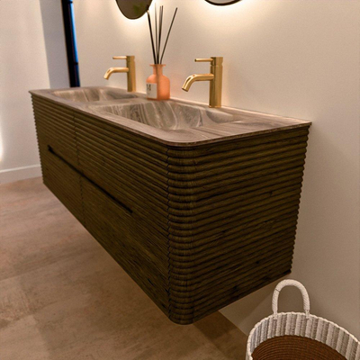 Mondiaz CIRO-DLUX Badkamermeubelset - 140x45x50cm - Solid surface wastafel Sombra - 2 wasbak Dubbel - 2 kraangaten - 4 lades - Shadow