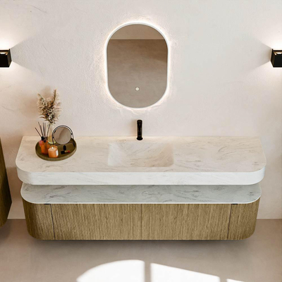 MONDIAZ THOR-DLUX 190cm meuble de salle de bains arrondi gauche + droite couleur Dusk avec 2 tiroirs et 2 portes. Vasque suspendue CLOUD Milieu 1 trou de robinet couleur Opalo.