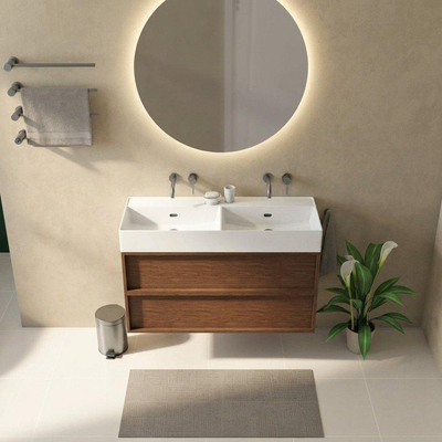 Saniclass Holz Frame Ensemble meuble de salle de bains - 120x45x72cm - Legend lavabo en céramique blanc - 2 vasques - sans trous de robinetterie - 2 tiroirs - noyer pure mat (bois)