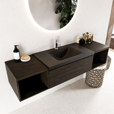 MONDIAZ BUKLA 160cm ensemble de meuble avec module ouvert 40 L+R couleur Marron foncé avec 1 tiroir. Lavabo CLOUD centre 1 trou de robinet couleur Urbaine.