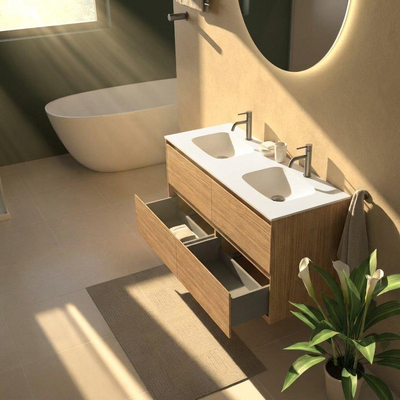 Saniclass Holz Pure Ensemble meuble de salle de bains - 120x45x61.5cm - Flow vasque en solid surface blanche - 2 vasques - 2 trous de robinet - 4 tiroirs - chêne natural mat (bois)