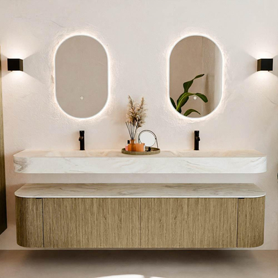 MONDIAZ THOR-DLUX 200cm meuble de salle de bains arrondi gauche + droite couleur Dusk avec 2 tiroirs et 2 portes. Vasque suspendue CLOUD Double 2 trous de robinet couleur Ostra.