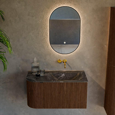 MONDIAZ KURVE-DLUX 85cm badmeubel met module 25 L kleur Walnut met 1 lade en 1 deur. Wastafel CLOUD rechts zonder kraangat kleur Lava.